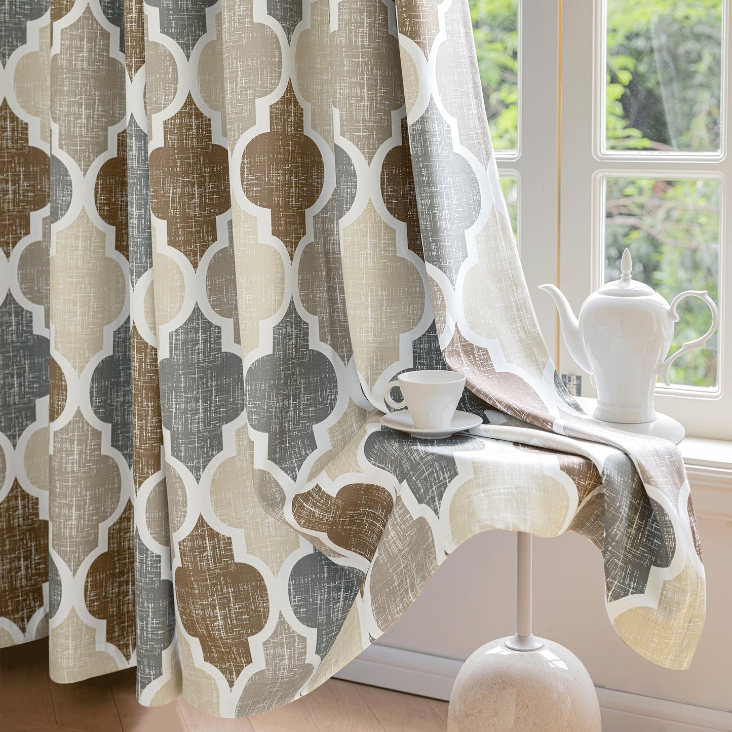 Beauoop 100% Blackout Curtains 84 Inches Long 2 Panels for Bedroom Living Room Brown Grey Moroccan Geo Room Darkening Thermal Insulated Soundproof Grommet Top Window Treatments Drapes, 50x84 Set of 2