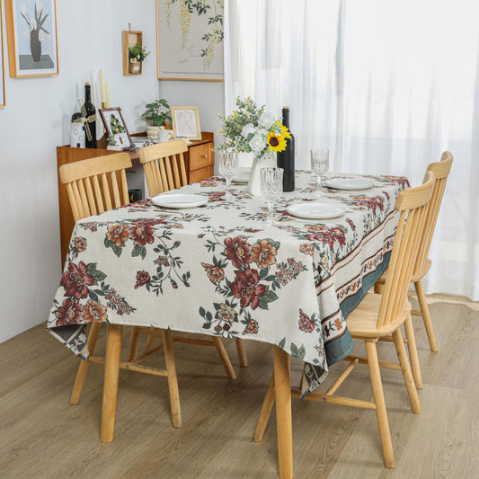 Dimatic Cotton and Linen Rectangular Tablecloth with Botanical Elements for Desks, Dining Tables, Home Table Cloths, Party and Holiday Decorations, Red 55 x 94 Inches