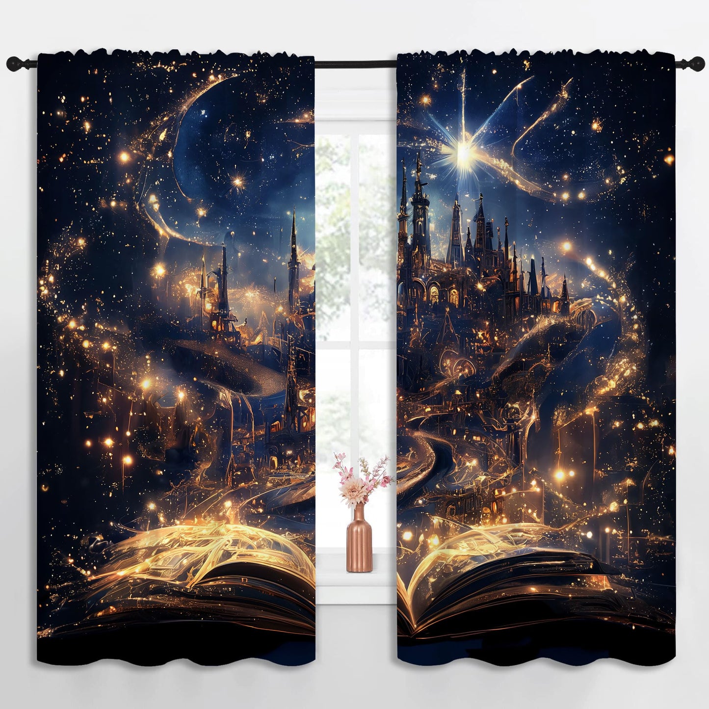 LHROOMJK Magnificent Castle Blackout Curtains for Boys Girl Bedroom Decor,Magic Book Galaxy Starry Sky Thermal Insulated Rod Pocket Drapes Darkening Window Curtain for Living Room Home 55x63 inch