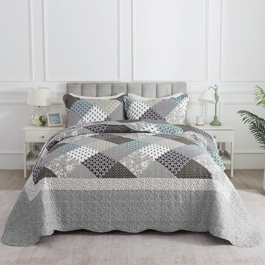 Etwel Lightweight Patchwork Queen Size Quilt Set - Breathable Reversible Cotton Bedspread for Hot Sleepers, Farmhouse Floral Bedding Set with 2 Pillow Shams for All Season (90"x98", Gray Flower)