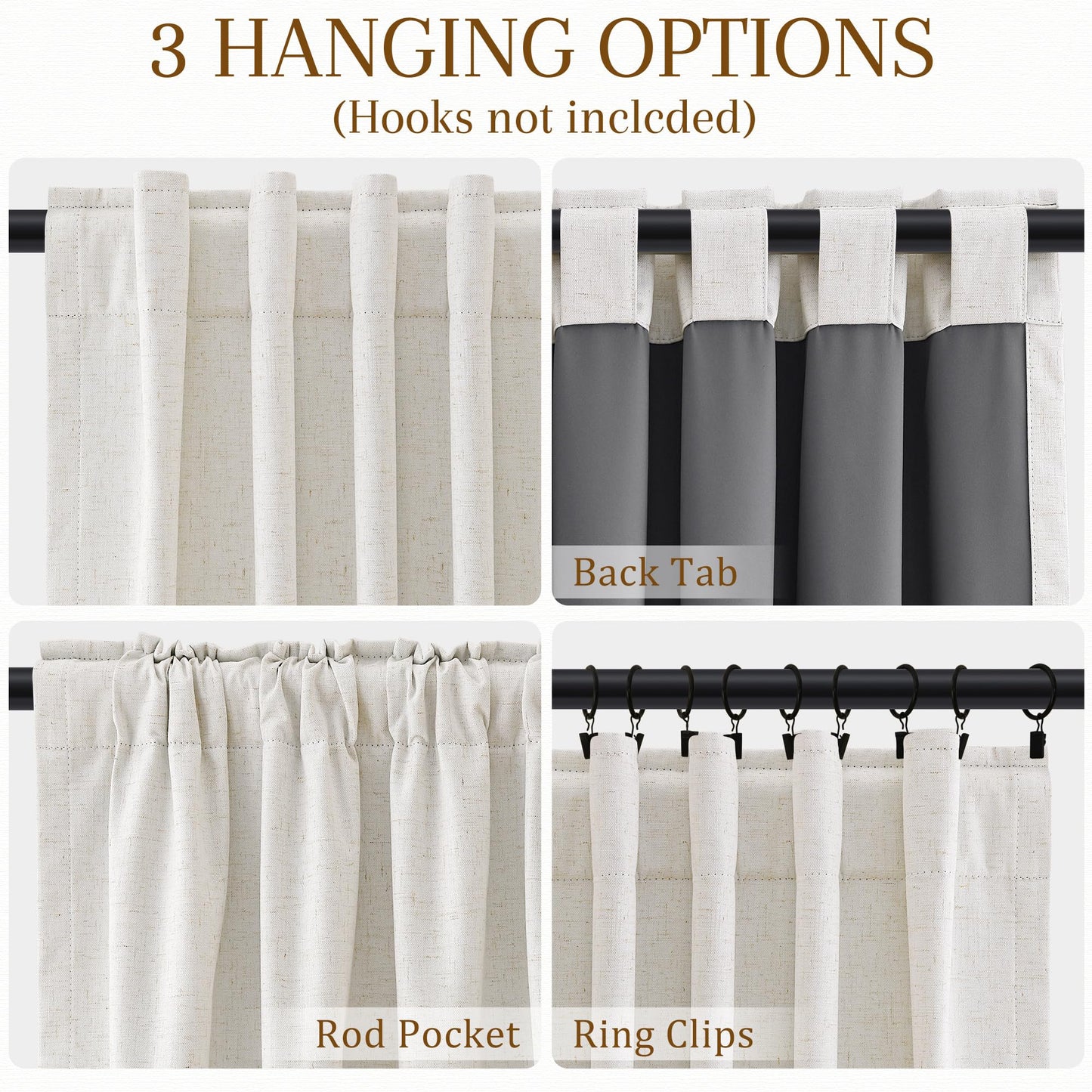 Nanspring 100% Blackout Kitchen Linen Curtains Back Tab Small Drape 36 Inch Length Privacy Natural Elegant Short Black Out Cafe Curtain Tier for Thermal Insulated Bedroom Cabinet Cream Ivory 30x36