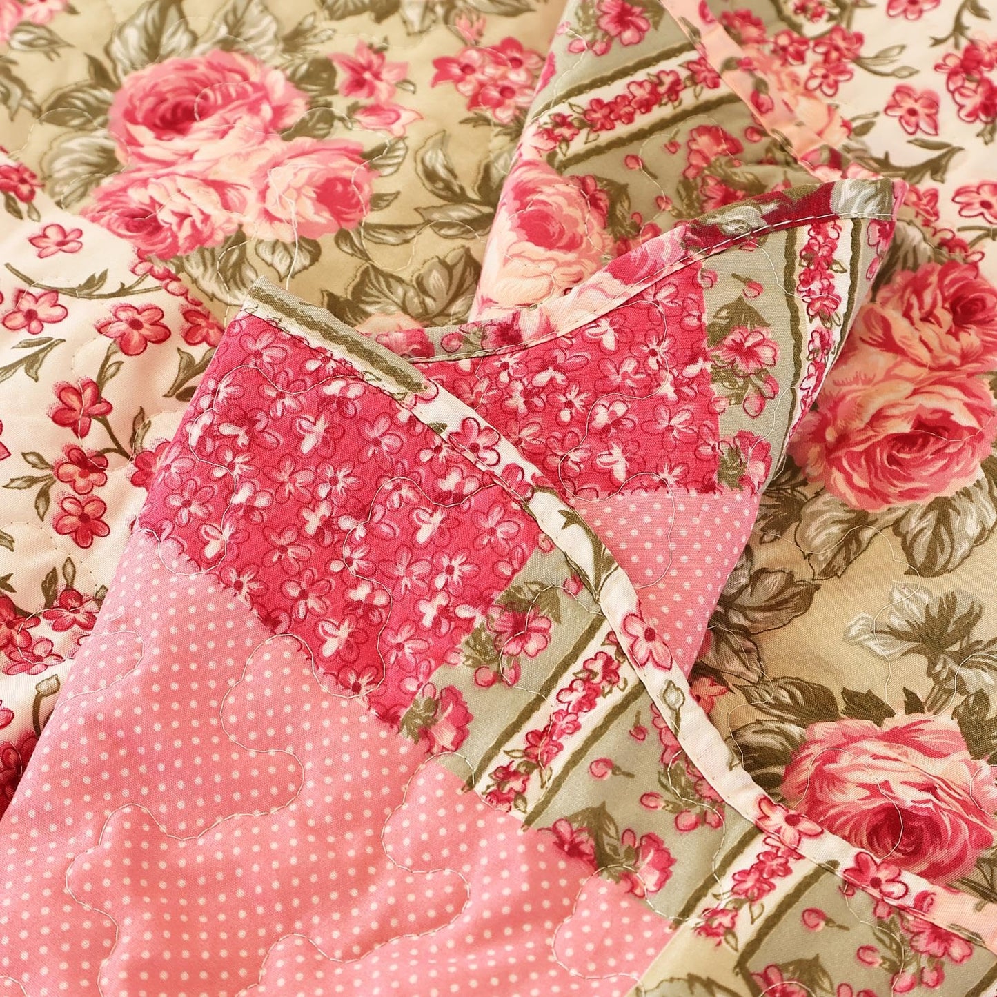 Cmfshape Summer Floral California King Bedspread,Romantic Pink Quilt Set King,Reversible Stitched Bedding Set All Season,Soft Lightweight Coverlet with Pillow Cases (Hot Pink&Rose, King106 x96)