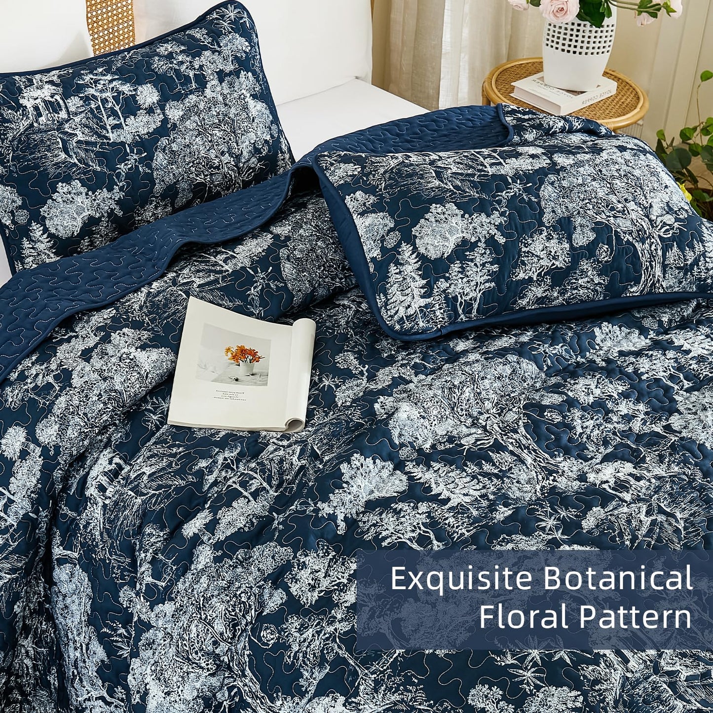 WONGS BEDDING Quilt Set Queen Size,3 Pieces Navy Blue Floral Plants Printed Bedspread Coverlet Set Soft Lightweight Toile Botanical Bedding Set for All Season (96"x90")