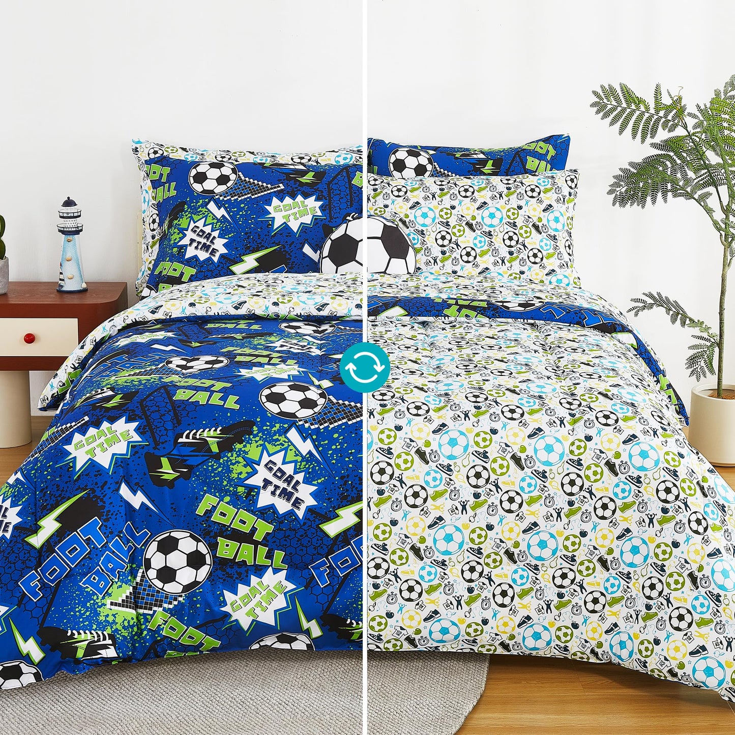 Mooreeke Kids Twin Comforter Sets for Boys 6 Pieces Cool Football Bedding Set for Teens Microfiber Blue Green Soccer Kids Bed in A Bag with Comforter, Sheet Set, Shams and Decorative Toy Pillow