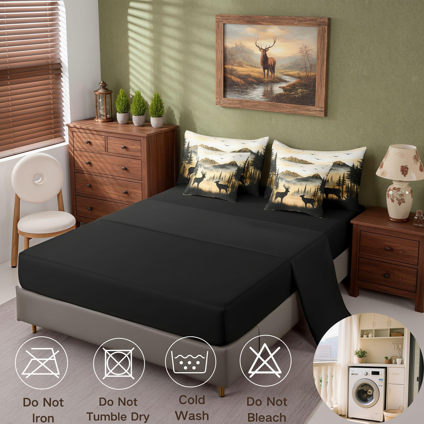 jejeloiu Western Rustic Cute Deer Cabin Comforter Set Queen with Sheets for Kids Boys Girls Hunting 7 Pieces Bedding Set Country Farmhouse Bed in a Bag Foggy Mountain Room Decor