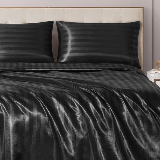 Juicy Couture Silky Satin Damask Sheet Set - Luxury Black Bedding - Smooth Striped Sheets - Full Size