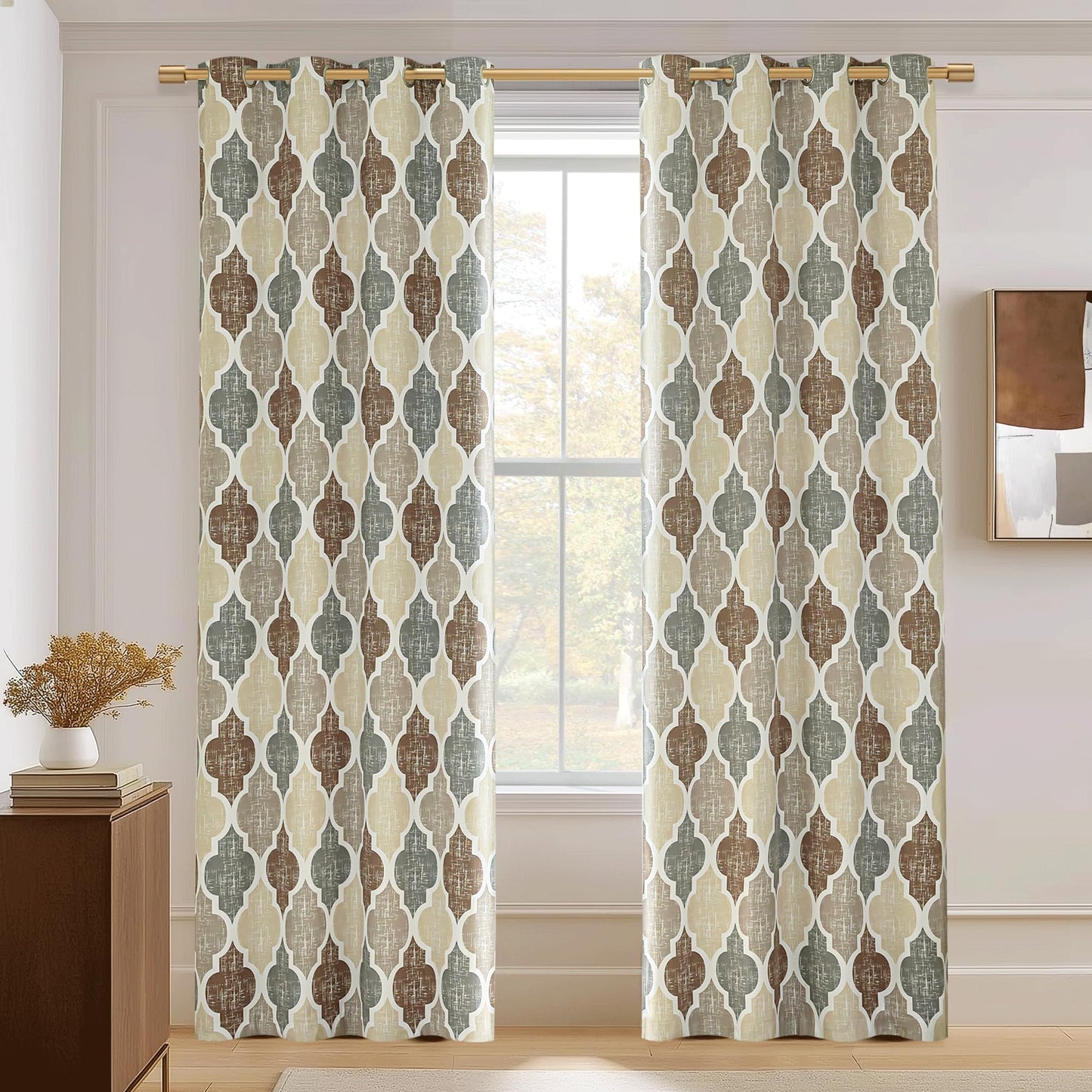 Beauoop 100% Blackout Curtains 84 Inches Long 2 Panels for Bedroom Living Room Brown Grey Moroccan Geo Room Darkening Thermal Insulated Soundproof Grommet Top Window Treatments Drapes, 50x84 Set of 2