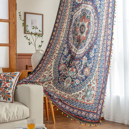 Erbnaryx Multicolor Medallion Curtains 63 Inches Long, Boho Farmhouse Light Filtering Rod Pocket Drapes with Tassel Trim for Bedroom Living Room, 2 Panels