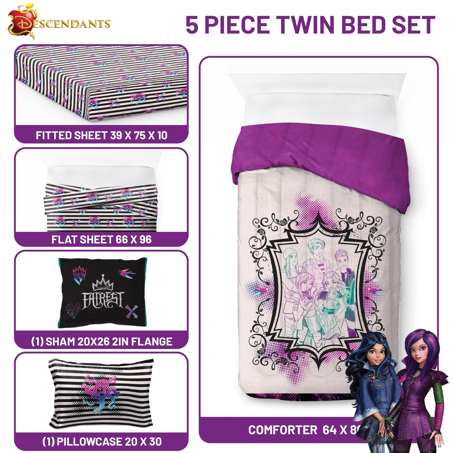 Jay Franco Kids Comforter Set Includes Sheets and Pillow Cover - Soft and Cozy Bed Set for Stylish Room Décor, Multi - Descendants, 5 Piece Twin