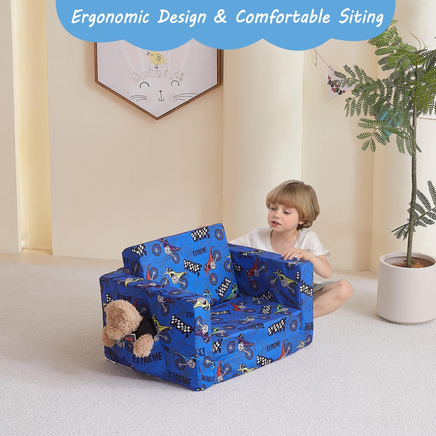 lasoftan Toddler Couch, 2-in-1 Soft Kids Couch Bed Fold Out, Toddler Chairs Comfy for Boys & Girls, Convertible Kids Sofa to Lounge for Playroom, Gift for Birthday, Children's Day - Blue Motorcycle
