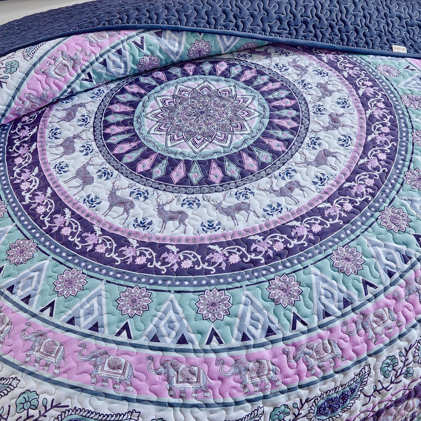 Boho Quilt Set Queen Size - Reversible Bohemian Quilt Bedding Set, 3 Pieces Colorful Lightweight Microfiber Bedspread Purple Elephant Paisley Circle Coverlet Set with 2 Pillow Shams for All Seasons