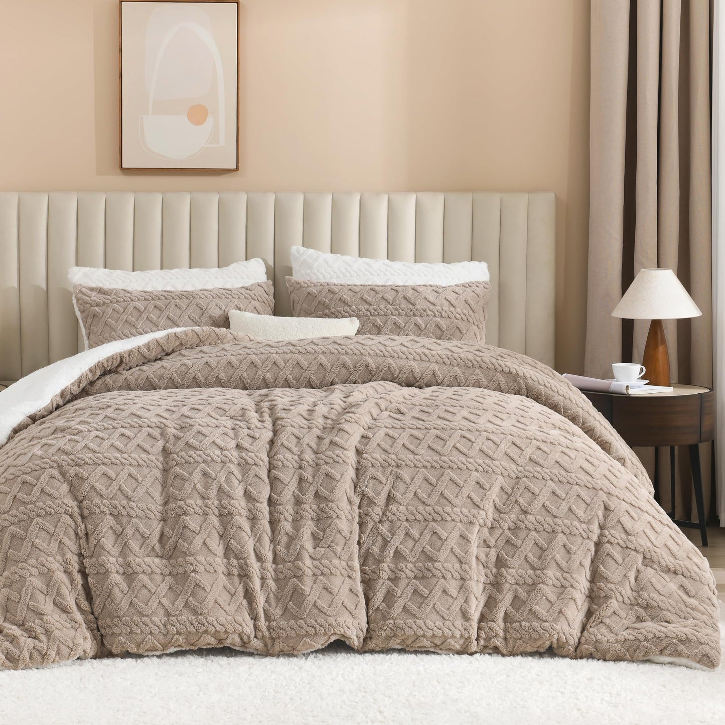 Andency Fluffy Sherpa Queen Comforter Set, Super Soft Khaki Fleece Warm Bedding for Winter, Luxury Jacquard Boho Thick Fuzzy Plush Bed Set 3 Pieces(1 Shaggy Comforter, 2 Pillowcases)