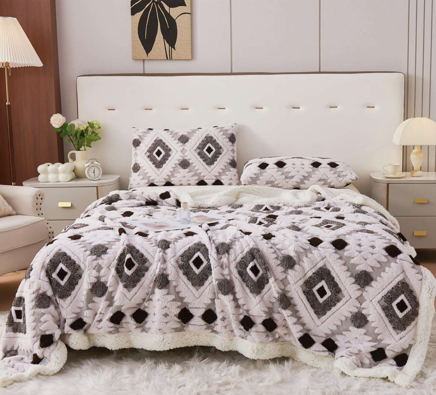 LEVINIS Boho Sherpa Fleece Blanket 80'' × 90'', Ultra Soft Aztec Queen Blanket for All Season, Plush, Cozy, Bohemian Throw Blankets for Bed/Couch/Sofa/Office/Camping, Dark Coffee