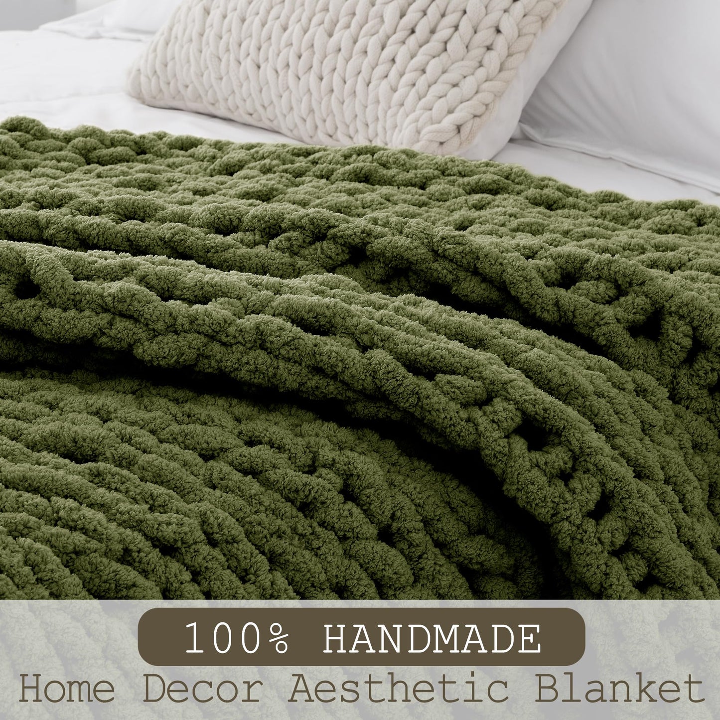 LONG CREATE Chunky Knit Throw Blanket Bundle Chenille Throw Blanket， 50"X 60" Olive Green