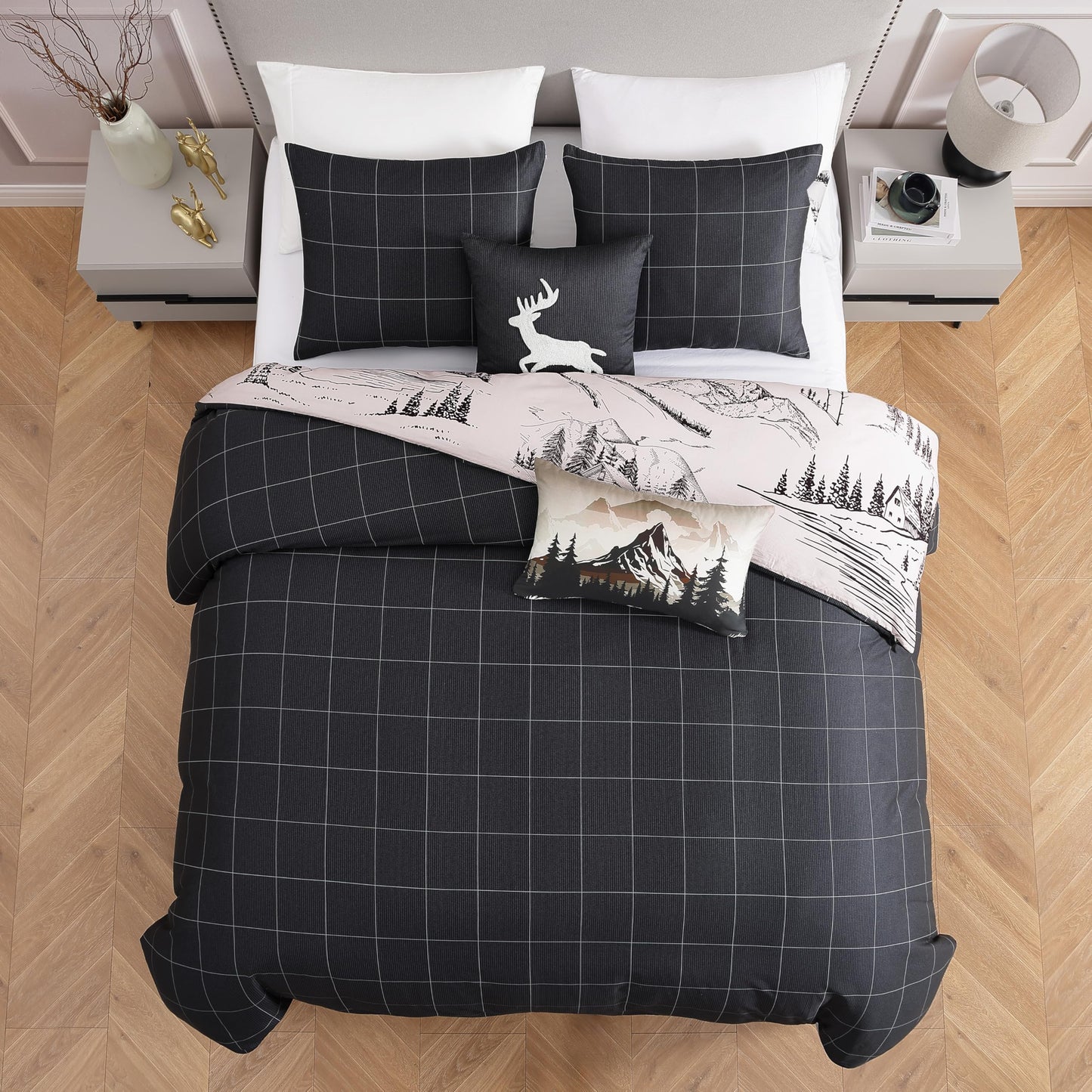 Bebejan Rocky Mountains 5 Piece Comforter Set, 100% Cotton Sateen, 220 Thread Count, Ivory Reversible Bedding Comforter Set, 1 Comforter, 2 Shams & 2 Pillows (King/Cal King)