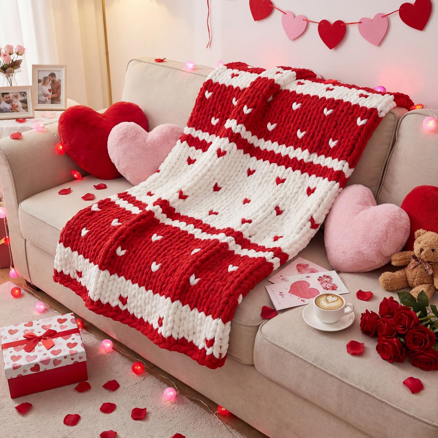 Mindsoft Chunky Knit Throw Blanket Large 50" X 60" Handmade Cream Chenille Loop Yarn Fluffy Soft Knitted Throw Big Cozy Thick Cable Knit Crochet Blanket for Couch Sofa Bed(Red,Heart)
