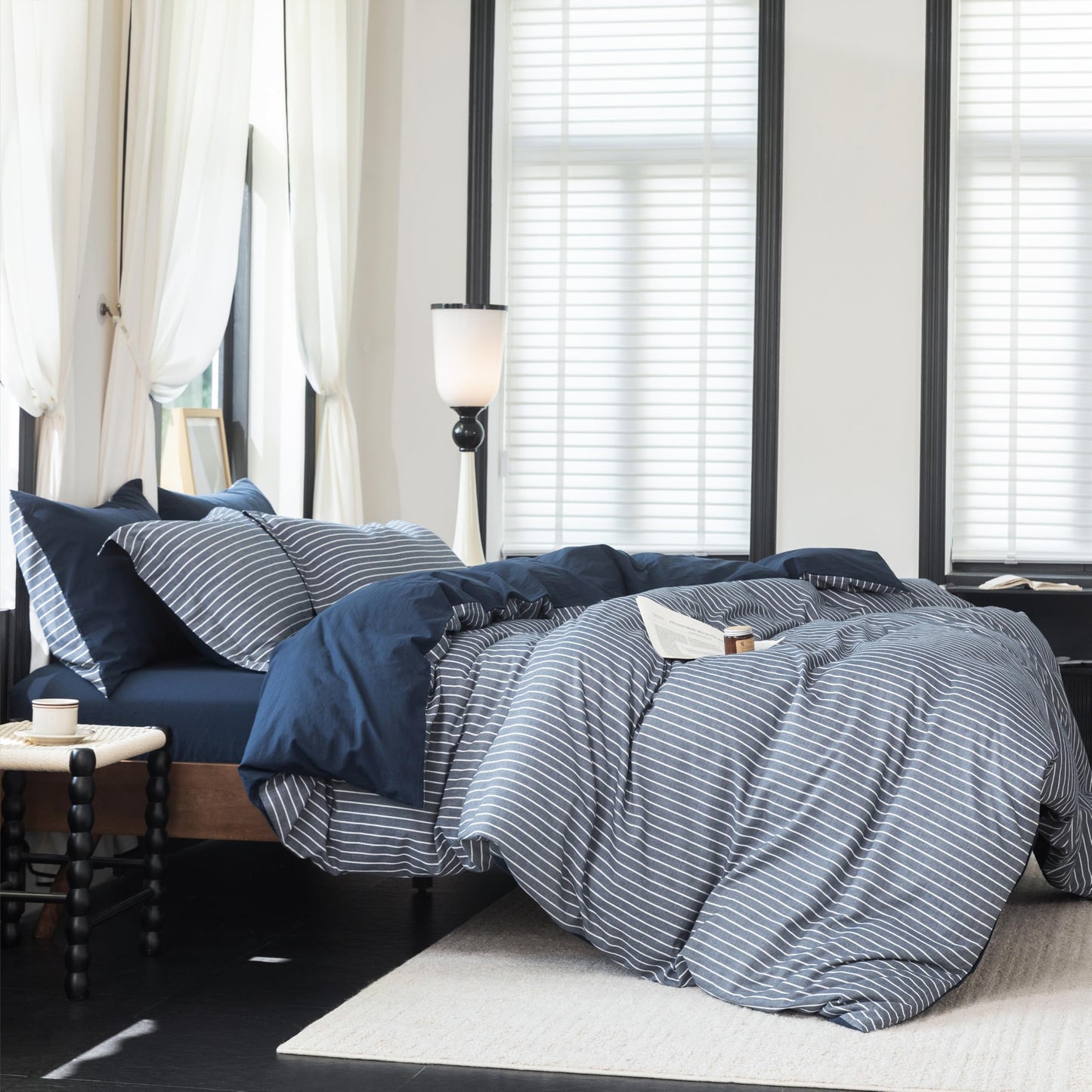 Warm Moment Reversible Duvet Cover Set 100% Washed Cotton Blue Stripe Linen Feel Duvet Cover Queen Size with Zipper Closure & 2 Pillow Shams,Navy/White Stripe Reverse Solid Navy