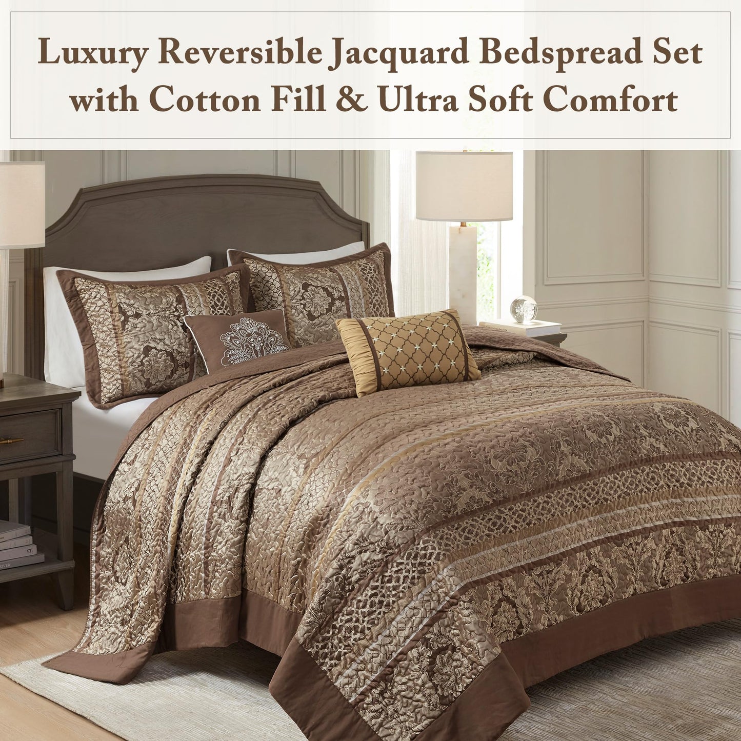 Madison Park Bellagio Reversible Quilted Bedspread Set, Solid Reverse Summer Breathable, Lightweight All Season Bedding Layer, Matching Shams, Bedspread King(120"x118"), Brown 5 Piece