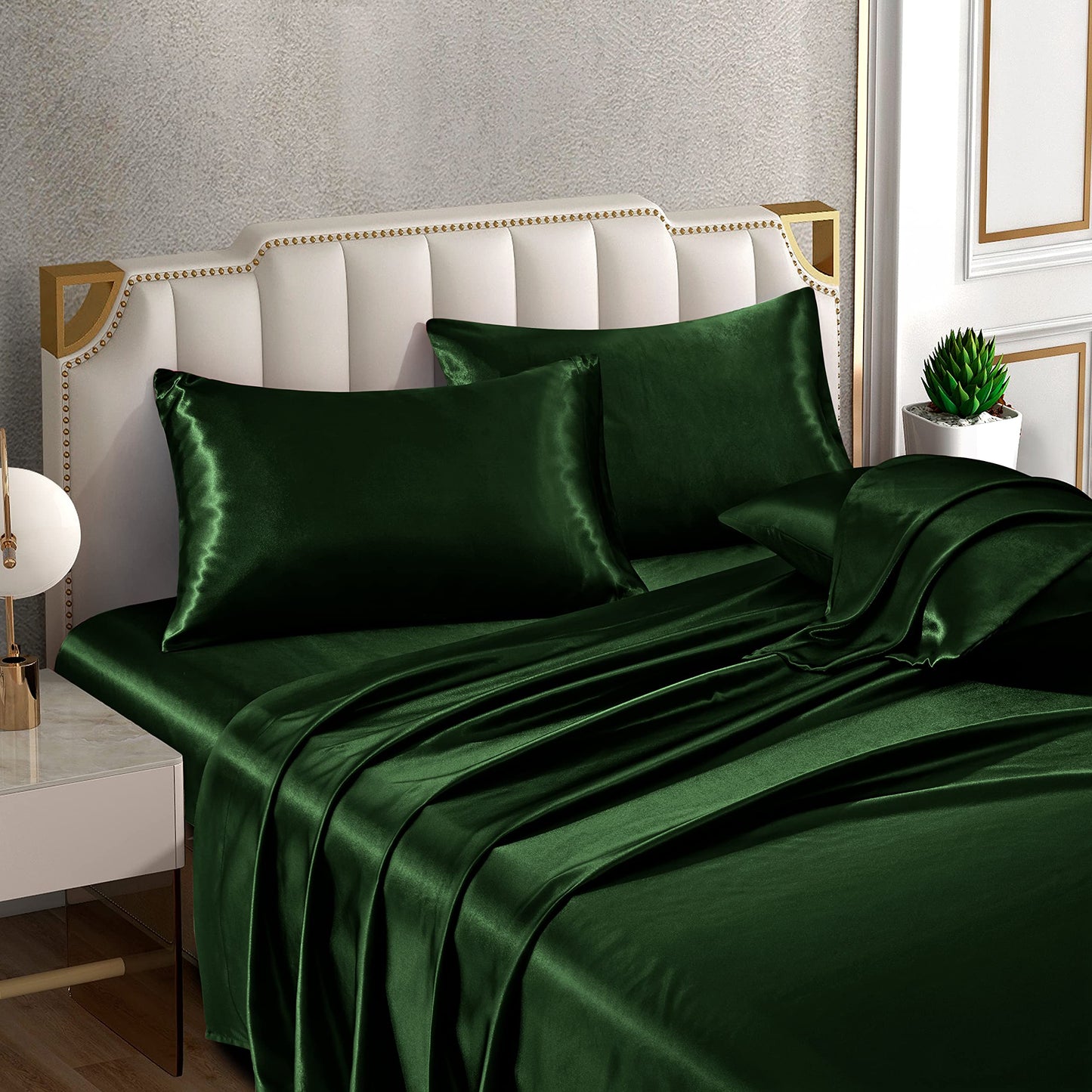 Horbaunal 4 Piece Satin Sheet Set Twin Size Luxury Silky & Soft Emerald Green Satin Twin Bed Sheet Set with 16" Deep Pocket, 1 Fitted Sheet, 1 Flat Sheet, 2 Pillowcases