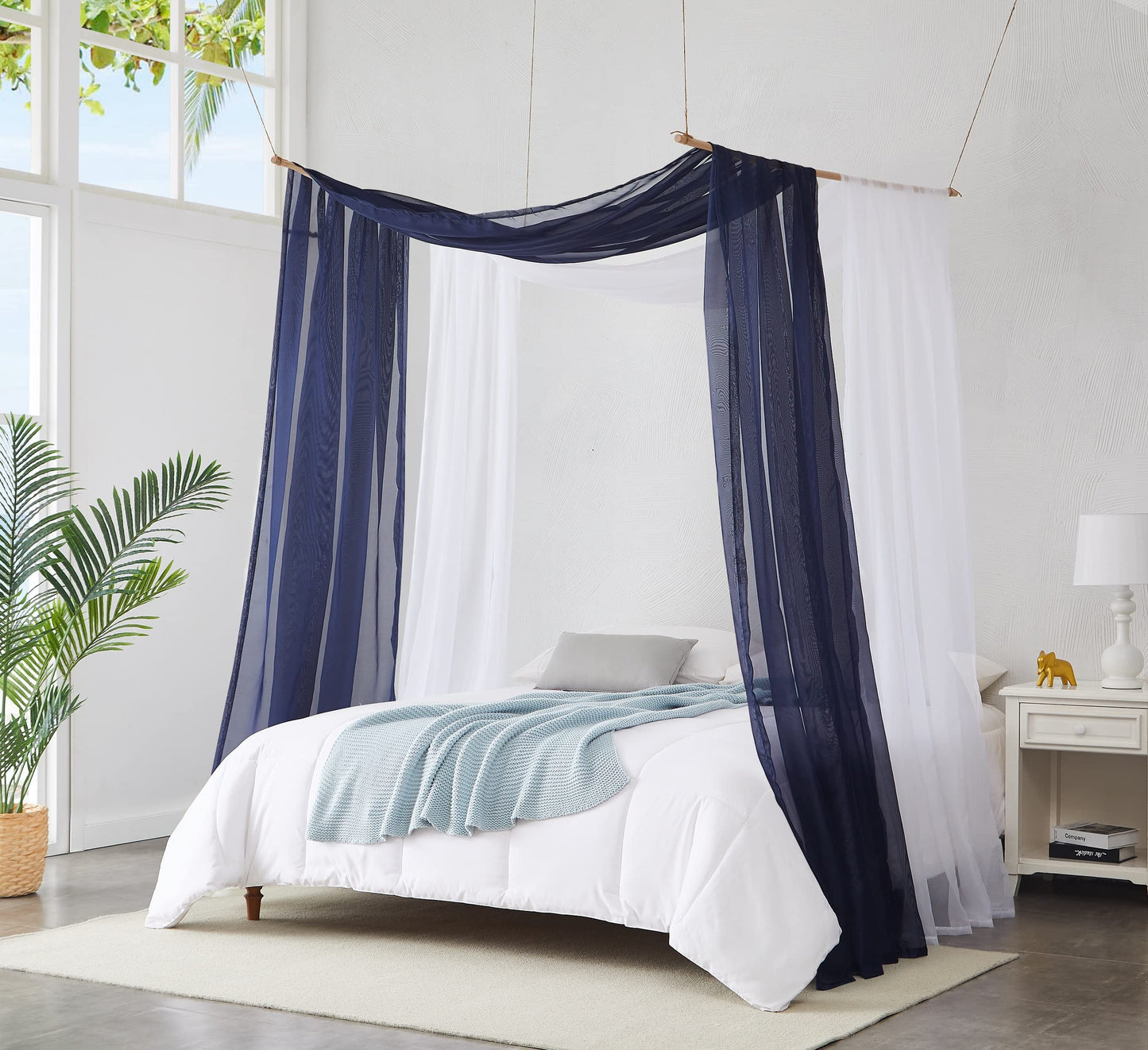 Warm Home Designs Set of 2 White & Navy Blue Canopy Bed Curtains in 55 x 216 Inch Size. 2 Queen Bed Canopy Curtains Can Be Turned Into Kids Bed Tent or Bed Canopy for Girls. BE White & Navy 216"