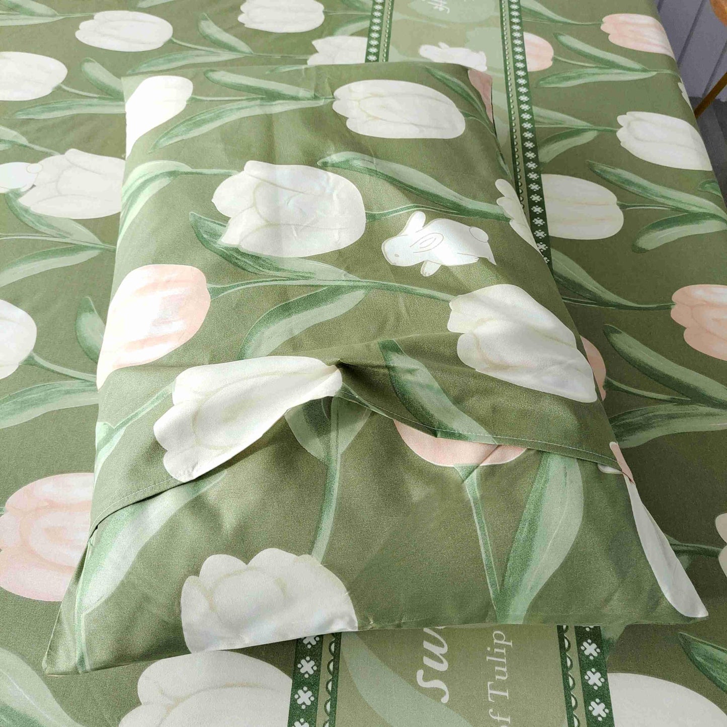 SDIII Green Floral Full Fitted Sheet with 2 Pillowcases, Deep Pocket Soft Microfiber Floral and Rabbit Sheet Full Size All Season