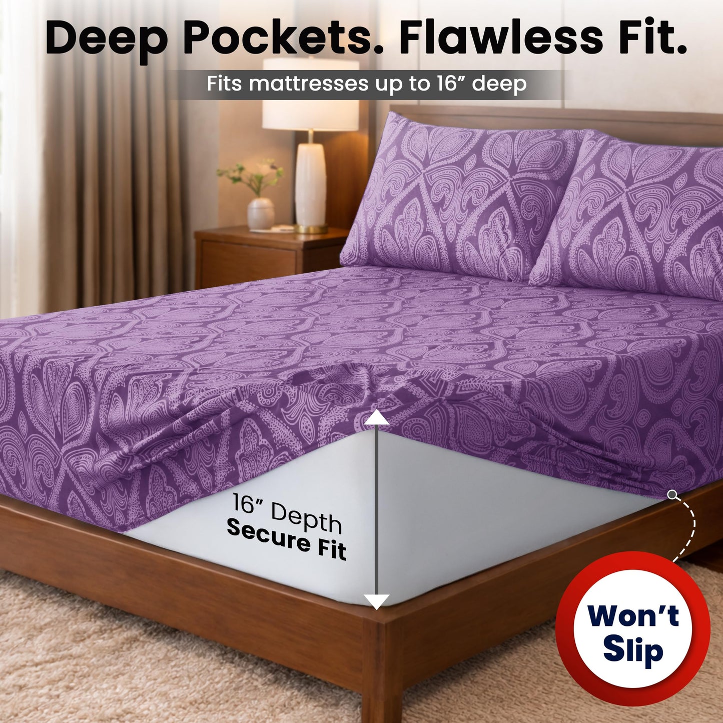Ultra Soft Wrinkle-Free Microfiber Paisley Twin XL Sheet Set, Cute Floral Pattern Boho Print – 16" Deep Pocket Fitted Sheet, Flat Sheet & 2 Pillowcases, Breathable, OEKO-TEX - Purple