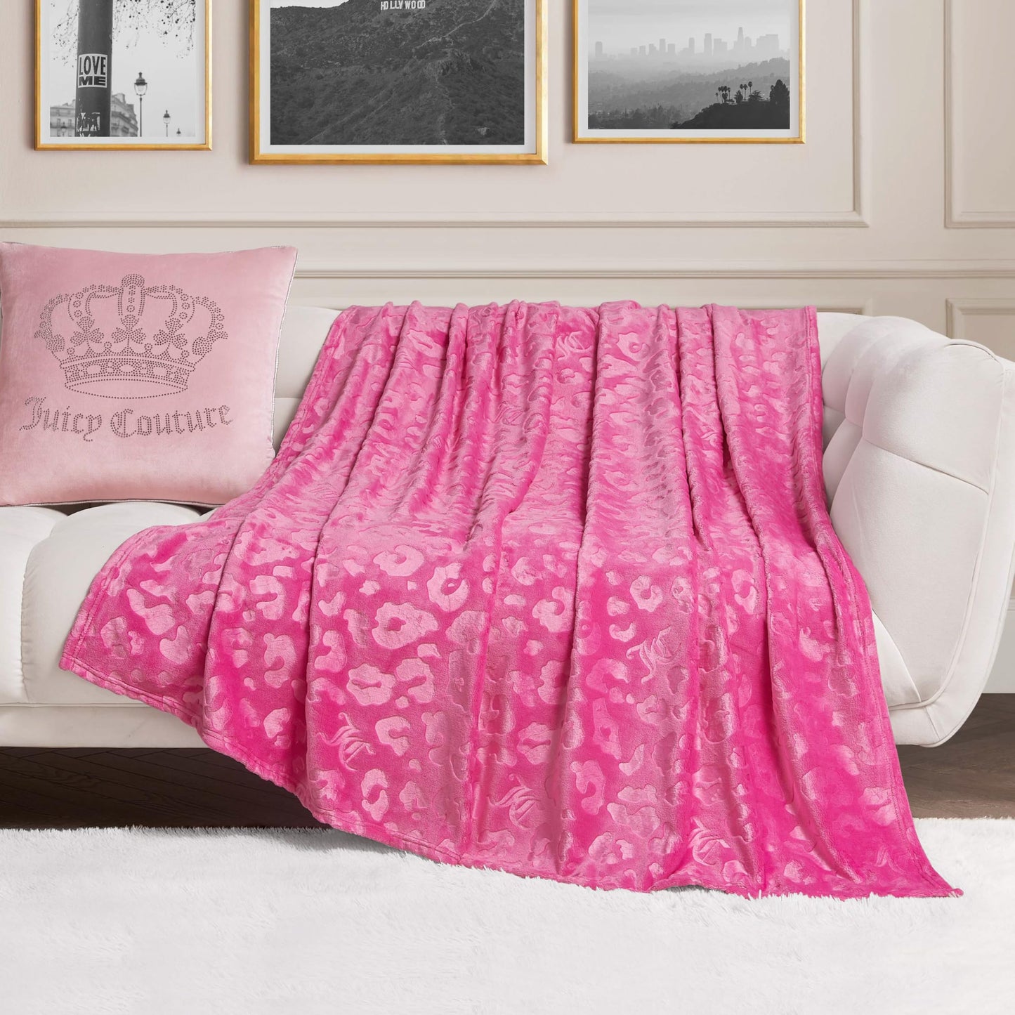 Juicy Couture Embossed Plush 60"x70" Oversized Throw Blanket, Cheetah Logo Hot Pink