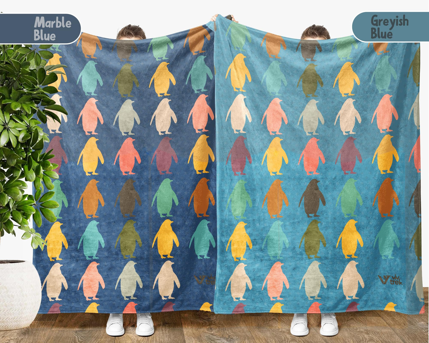 Penguin Blanket Gift, Retro Penguin Throw Blanket, Ocean Sea Animal Cover, Cozy Kawaii Lover Gift, Soft Vintage Style Cute Arctic Inspired for Wildlife Fans (Old Rose, Queen (U.K. Standard))