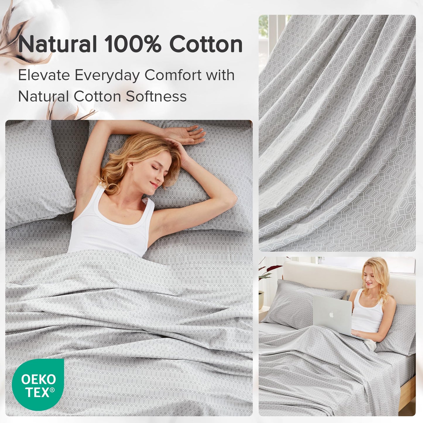 Comfort Spaces 100% Cotton Sheet Set Breathable, Lightweight, Soft with 14" Elastic Pocket Fits up to 16" Mattress, All Season Cozy Bedding, Matching Pillow Case, Cal King Diamond Taupe 4 Piece