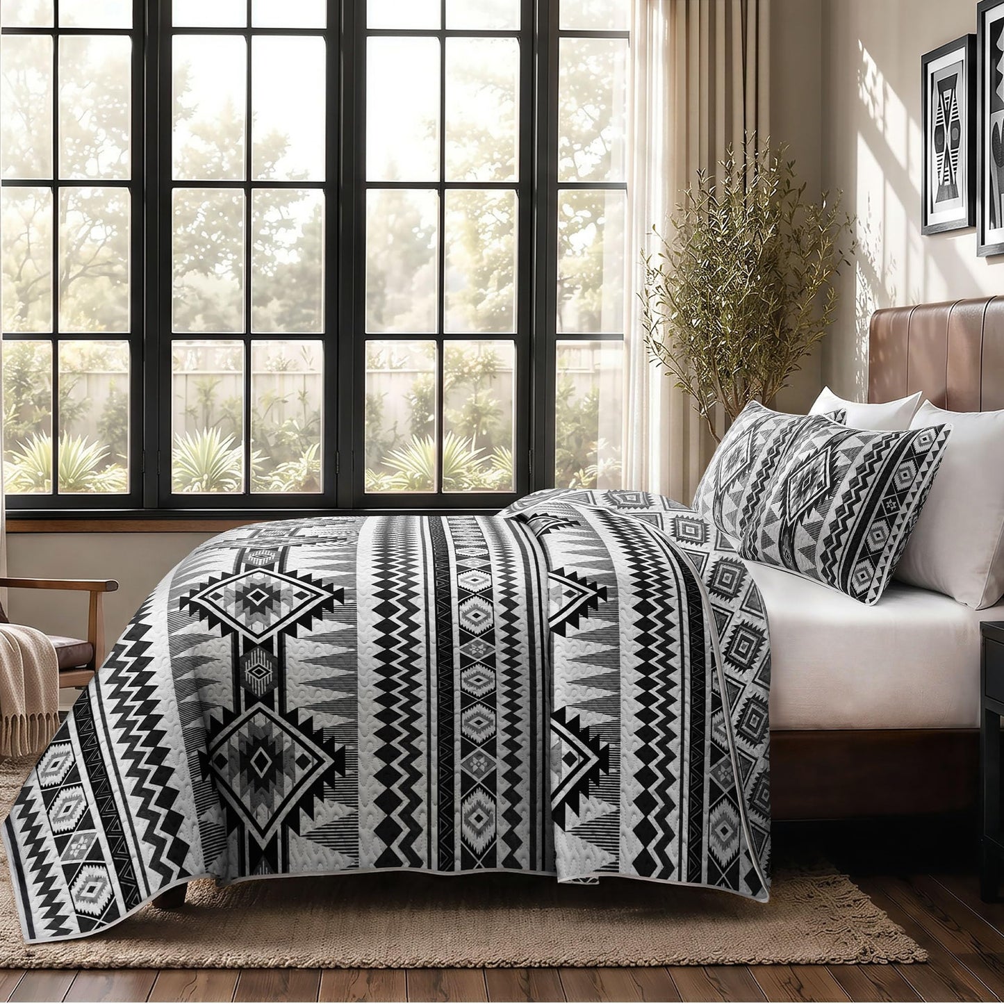 akkialla Reversible Black Boho King/Cal King Quilt Set, 2-Piece Bohemian Aztec Microfiber Bedspread, Soft Lightweight All-Season Coverlet (1 Quilt, 2 Shams)