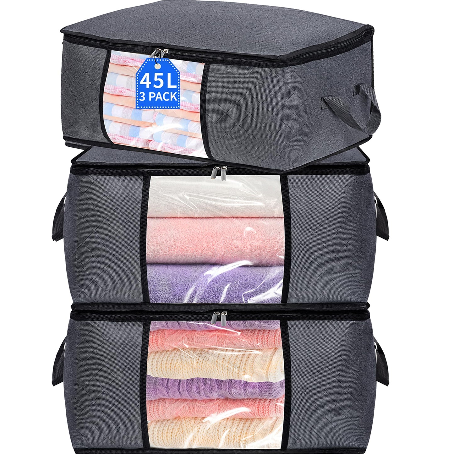3 Pack Storage Bags, 45L Foldable Clothes Storage Bins with Lids, Closet Organizers Blanket Storage Bags with Zippers Clear Window Sturdy Handles for Clothing Bedding Comforter Sweater Pillows (Gray)