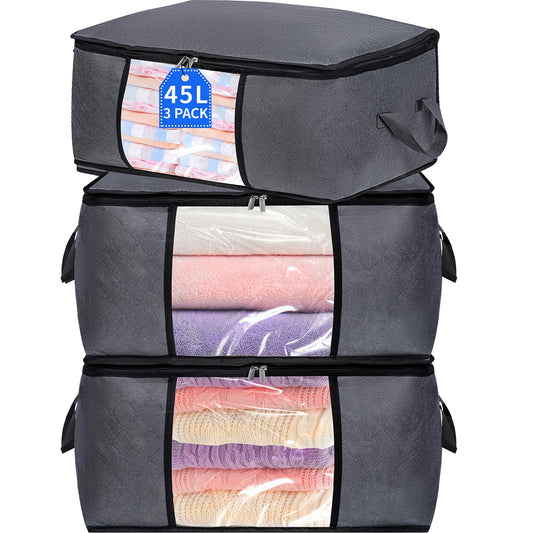 3 Pack Storage Bags, 45L Foldable Clothes Storage Bins with Lids, Closet Organizers Blanket Storage Bags with Zippers Clear Window Sturdy Handles for Clothing Bedding Comforter Sweater Pillows (Gray)