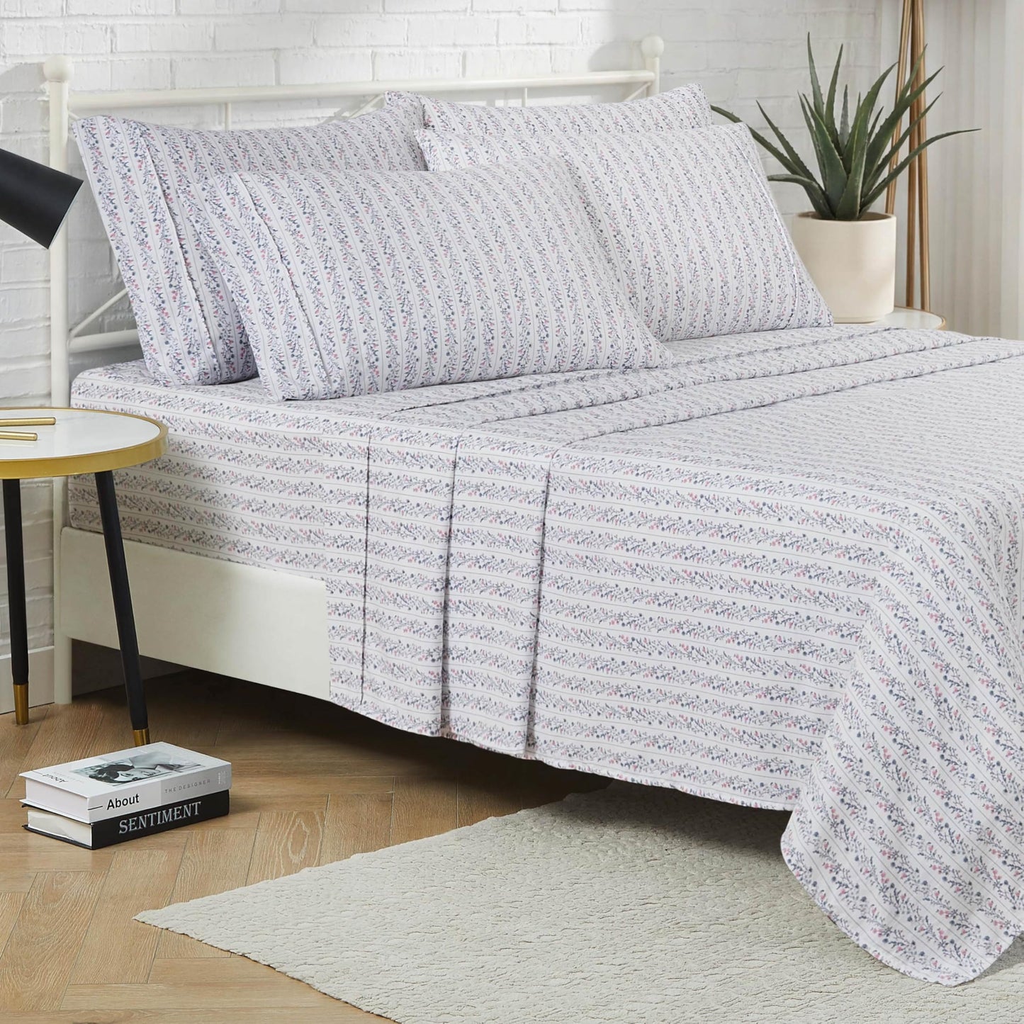 Lucky Brand Printed Microfiber 6-Piece Queen Sheet Set, Floral Stripes Blue