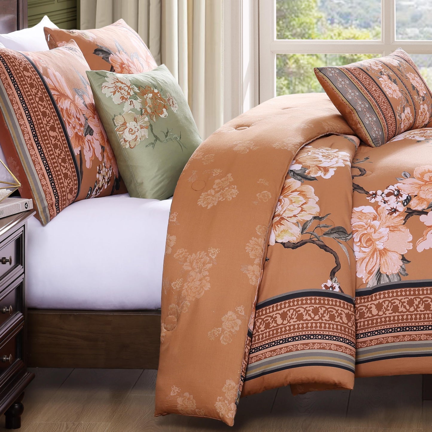 Bebejan Rossana 100% Cotton Sateen 5 Piece Comforter Set, Terracotta, Floral Reversible Bedding Comforter Set, 1 Comforter, 2 Shams & 2 Pillows (King/Cal King)