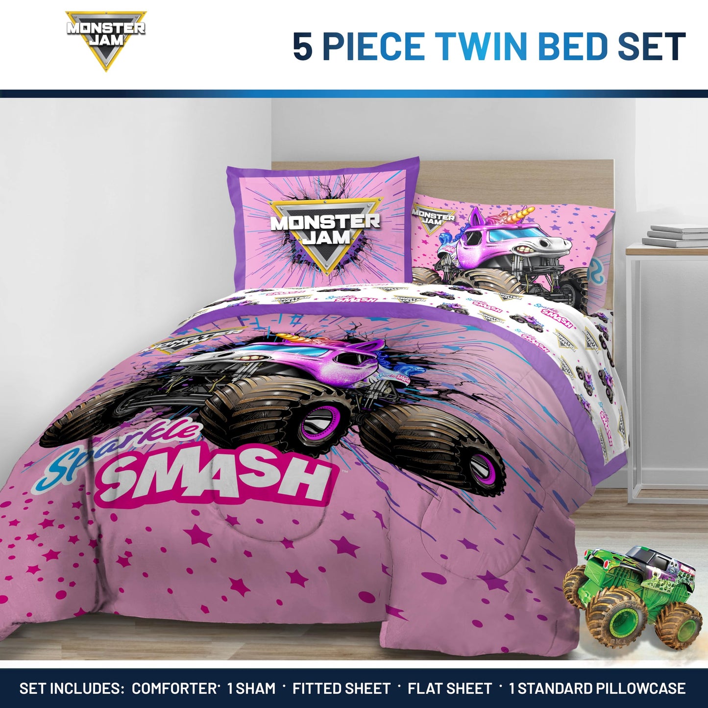 Jay Franco Kids Bed Set, Pink, Monster Jam, 5 Piece Twin