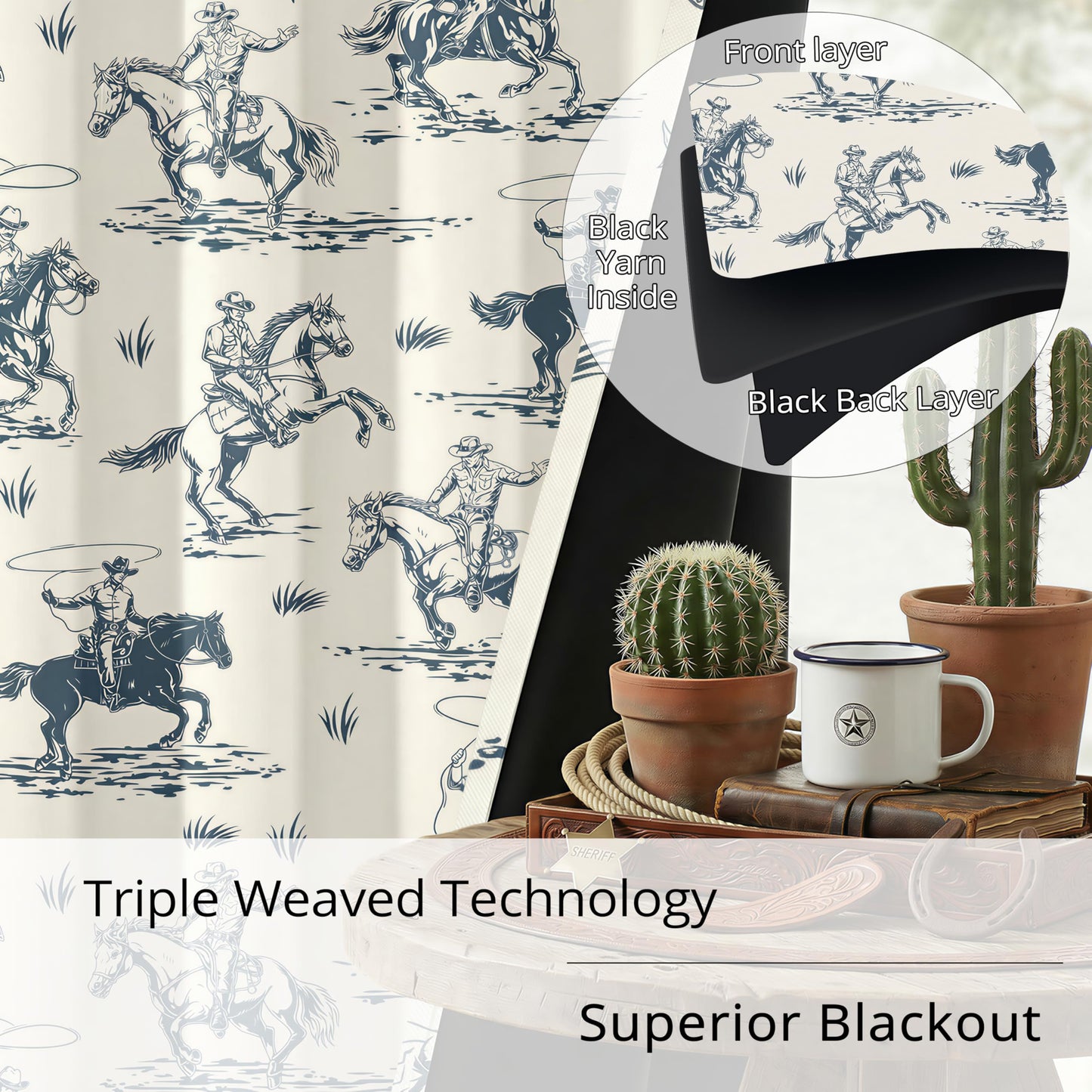 Western Cowboy Blackout Curtains – 100% Blackout Rustic Western Rodeo & Cowboy Design, Thermal Insulated Noise Reducing for Bedroom, Living Room & Man Cave (Vintage Lasso Riders, W52xL84, 2 Panels)