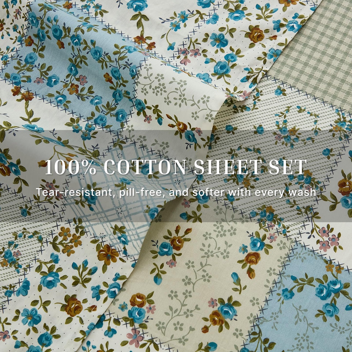 Cozaline Shabby Chic Floral Patchwork Sheets Set Queen Size, Crisp Cooling Sheets with a Smooth Cotton Percale Lightweight Feel, 4 Pieces Luxury Soft Deep Pocket Fitted Sheet 17.5''