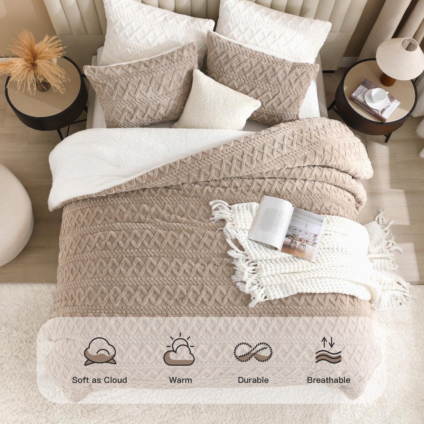 Andency Fluffy Sherpa Queen Comforter Set, Super Soft Khaki Fleece Warm Bedding for Winter, Luxury Jacquard Boho Thick Fuzzy Plush Bed Set 3 Pieces(1 Shaggy Comforter, 2 Pillowcases)