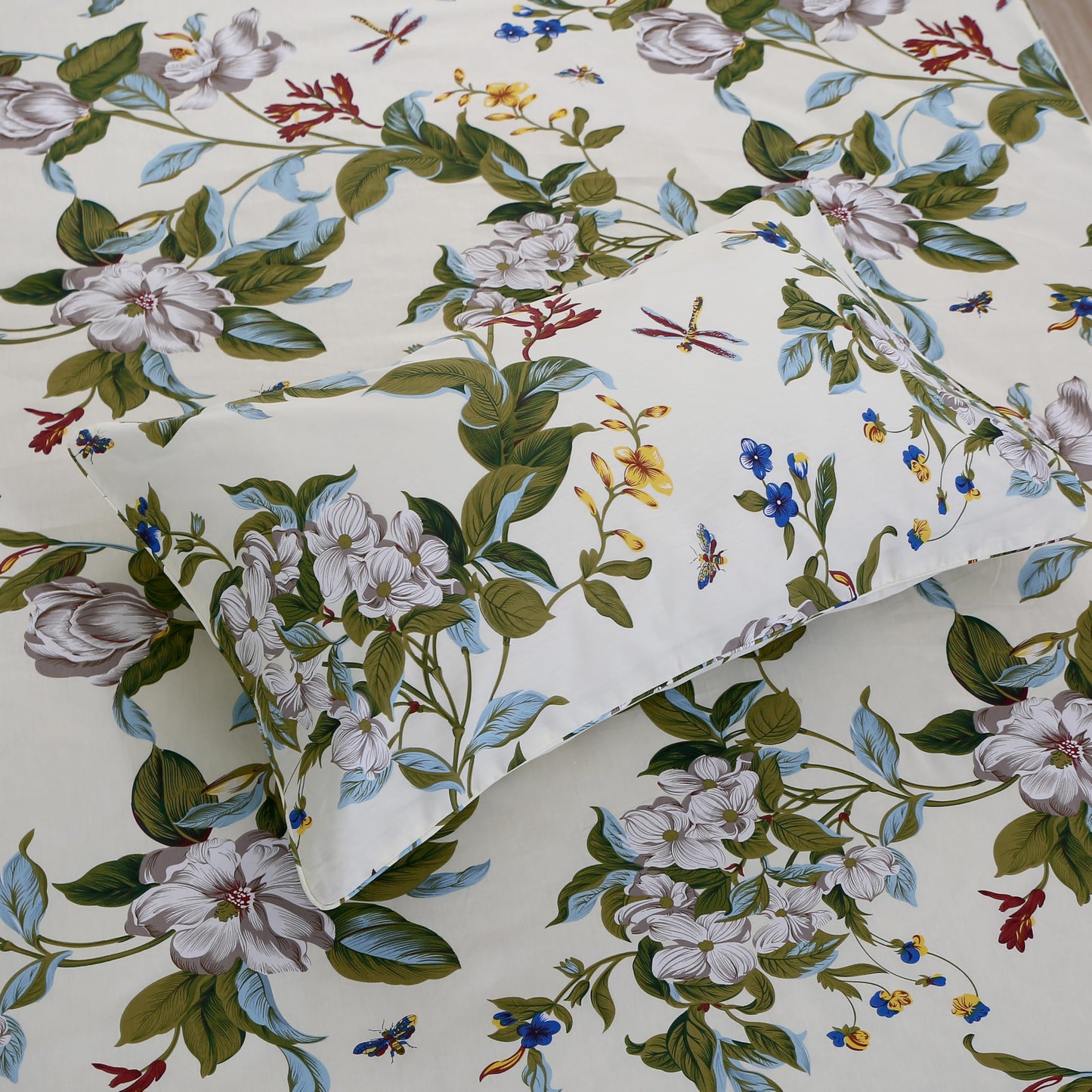 FADFAY Shabby Floral Sheets California King 100% Cotton 600 TC White Flower and Green Leaves Bedding Vintage Garden Botanical Print Country Side Bed Sheet Soft Hypoallergenic Deep Pocket Sheet 17.5''