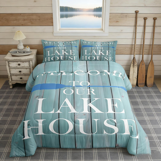 Lake House Comforter Set Queen Size, Rustic Cabin Farmhouse Style Bedding Set 3pcs, Retro Wooden Plank Lake Theme Down Comforter for All Season, Kids Boys Girls Room Decor, 2 Pillowcases, No Sheets