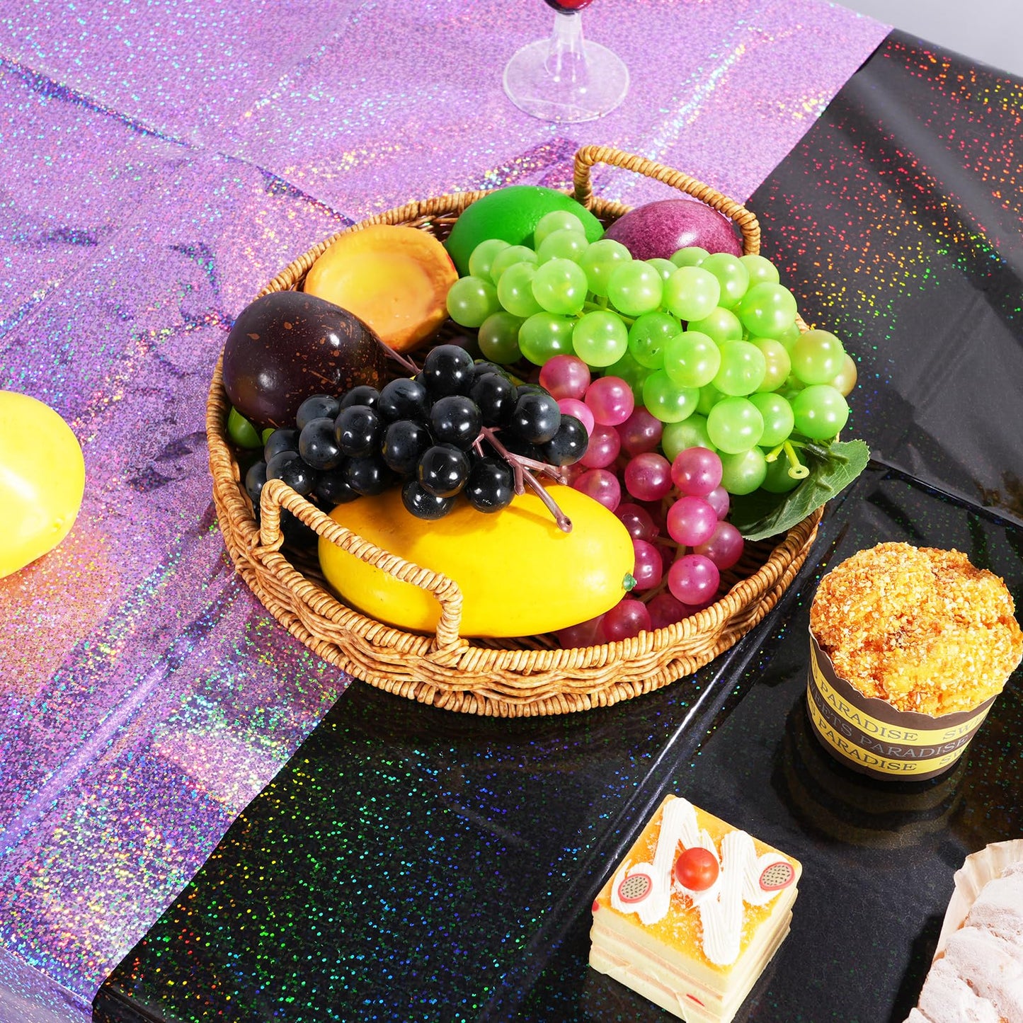2 Pack Iridescent Black and Purple Plastic Tablecloth 54x108 Inch, Holographic Laser Disposable Table Cover, Rectangle Black and Purple Table Cloth for Halloween Holiday Birthday Party Decorations