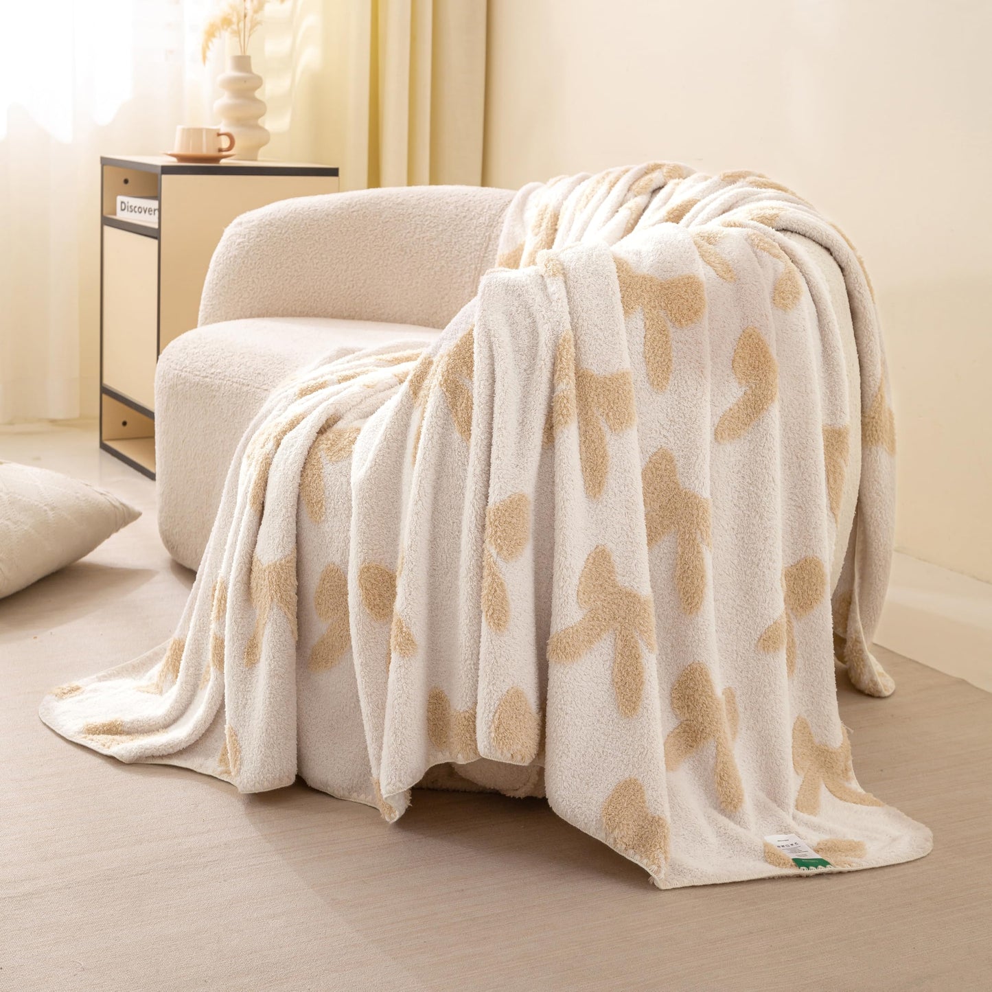 TrellisJoy 380GSM Soft Bow Pattern Throw Blanket, Cozy Warm Lightweight Blanket for Couch Bed Sofa, Flannel Bed Blanket,Decorative Bed Throws for Women, Beige 50" x 60"