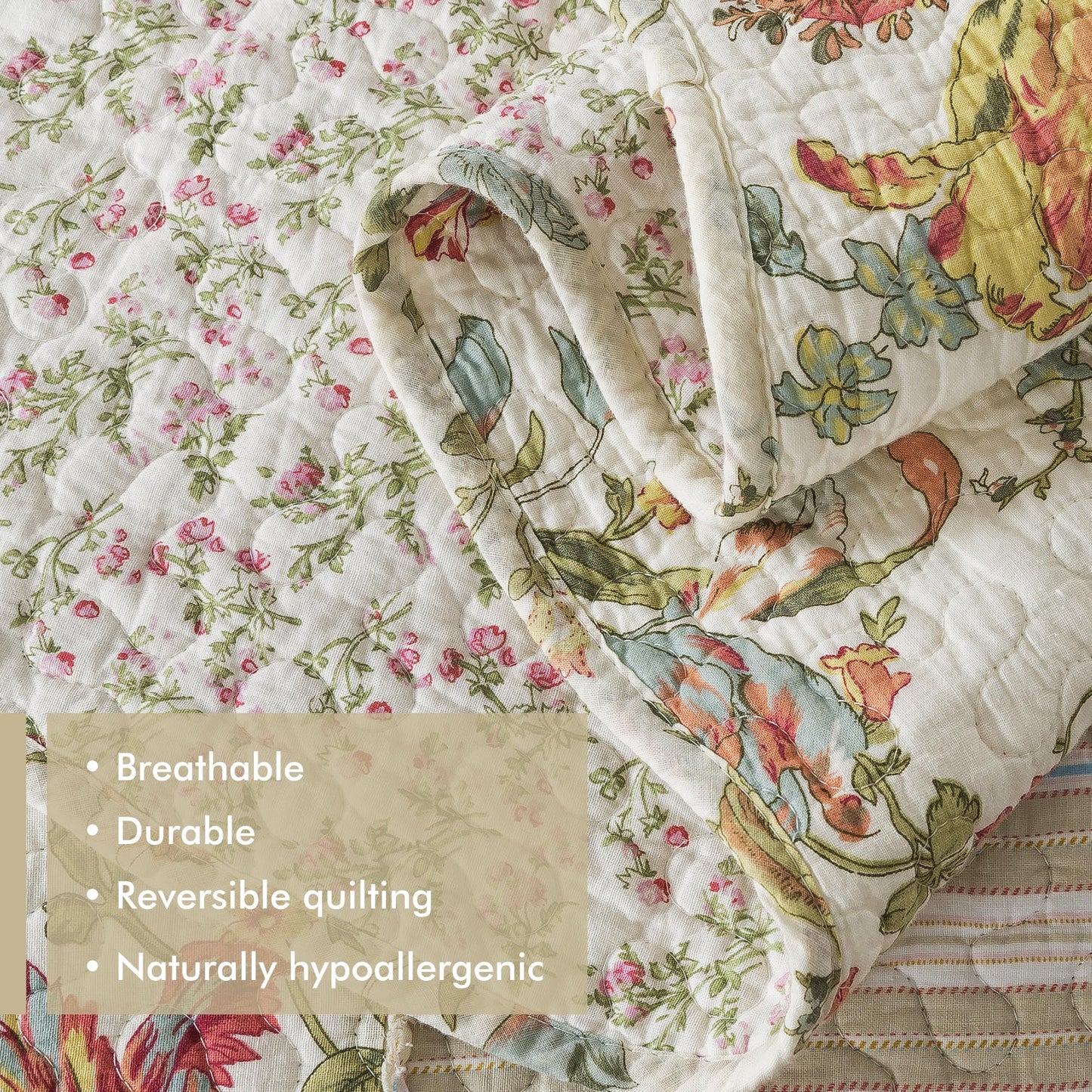 Etwel Patchwork Quilt Set Queen Size, 100% Cotton Bedspread, Reversible Lightweight Comforter Set with 2 Pillow Shams for All Seasons, Floragrid Beige, Queen Size 90"x90"