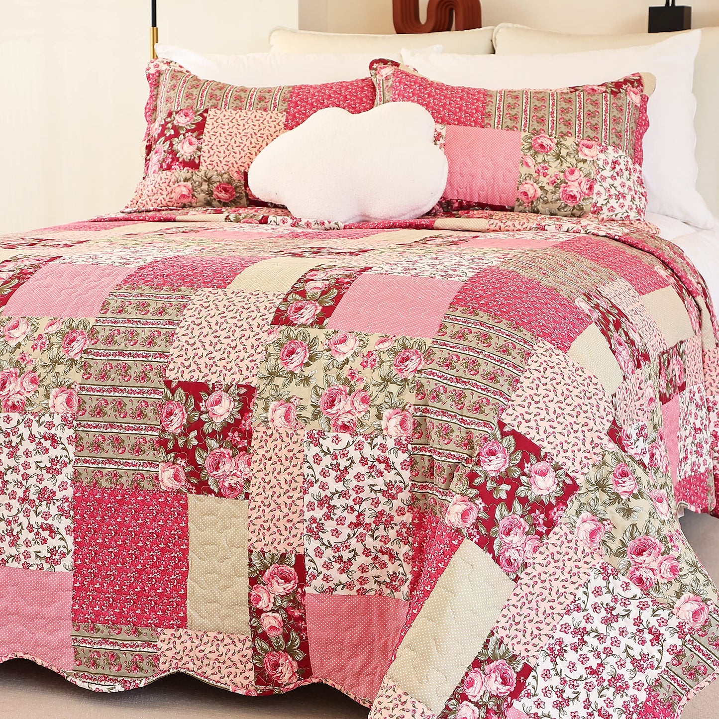 Cmfshape Summer Floral Queen Quilted Bedspread,Romantic Pink Quilt Set Full,Reversible Stitched Bedding Set All Season,Soft Lightweight Coverlet with Pillow Cases (Hot Pink&Rose, Queen90 x90)