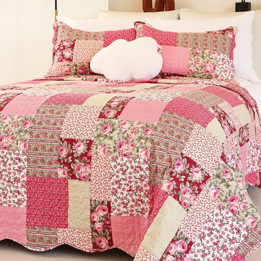 Cmfshape Summer Floral Queen Quilted Bedspread,Romantic Pink Quilt Set Full,Reversible Stitched Bedding Set All Season,Soft Lightweight Coverlet with Pillow Cases (Hot Pink&Rose, Queen90 x90)