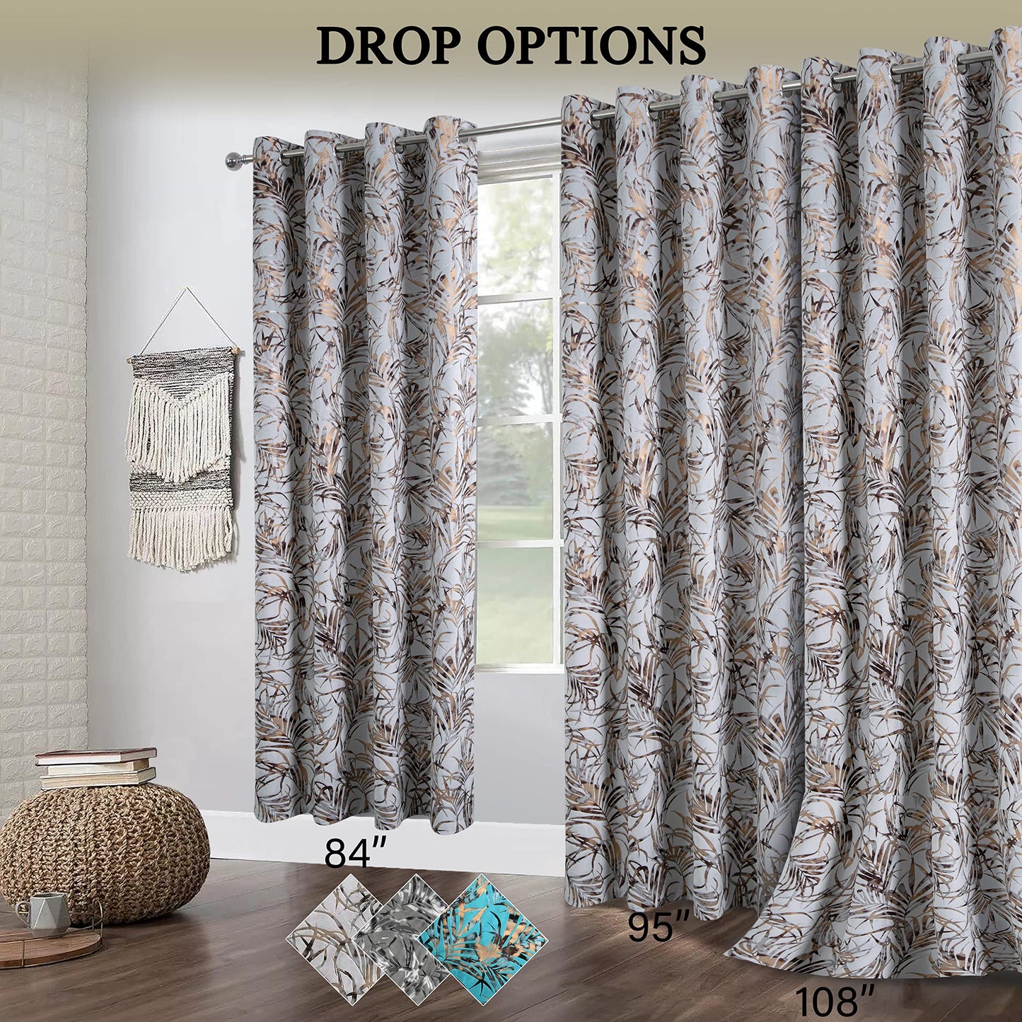 always4u Multi Colour Foil Print Velvet Curtains for Living Room Rainforest Leaves Modern Window Drapes 2 Panels 54 * 95 Silver Velour Curtains