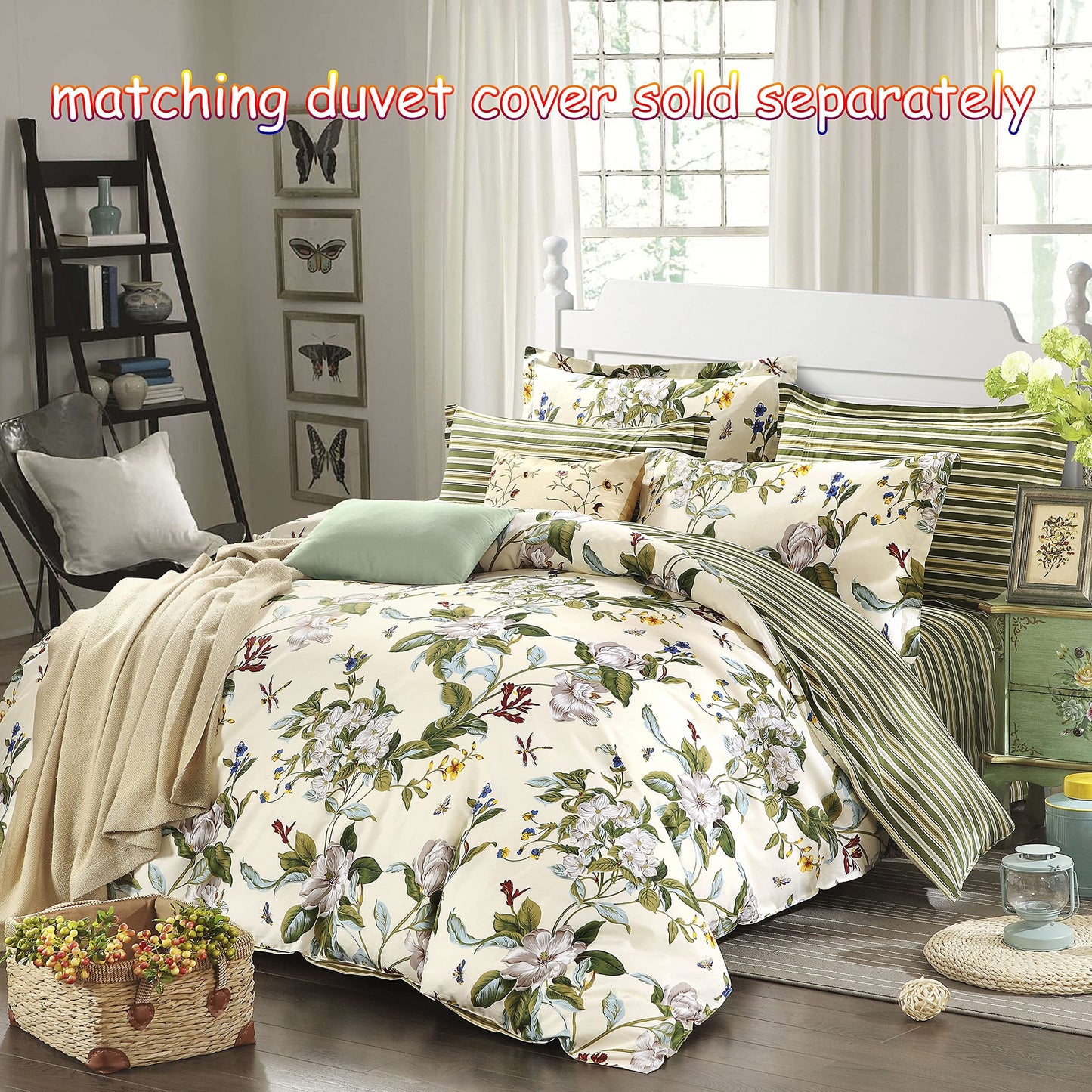 FADFAY Shabby Floral Sheets King 100% Cotton 600 TC White Flower and Green Leaves Bedding Vintage Garden Botanical Print Country Side Bed Sheet Soft Deep Pocket Sheet 17.5'',Beige