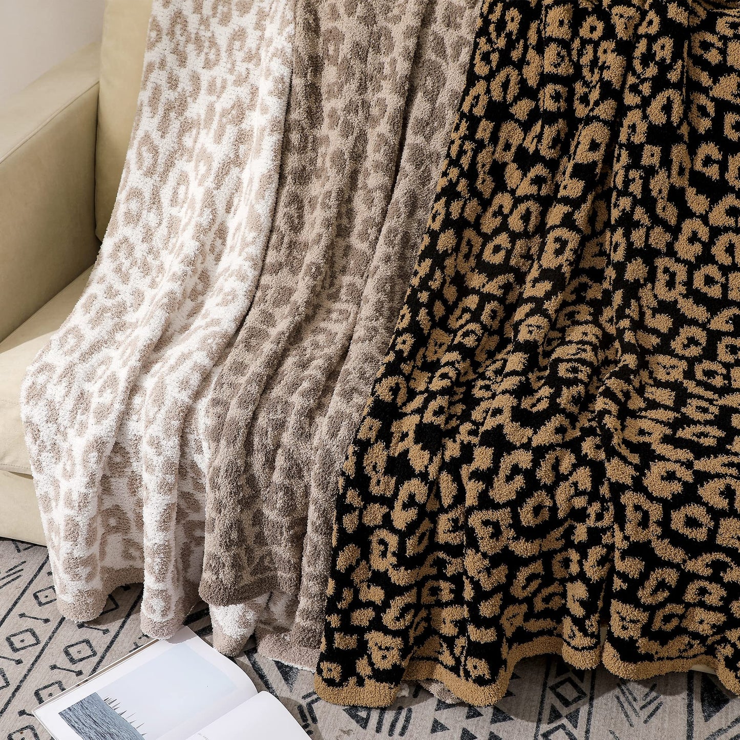 bearberry Fuzzy Leopard Knitted Throw Blanket Soft Cozy Warm Microfiber Blanket for Couch Sofa Bed Travel(Graphite/Carbon, 50"x60")