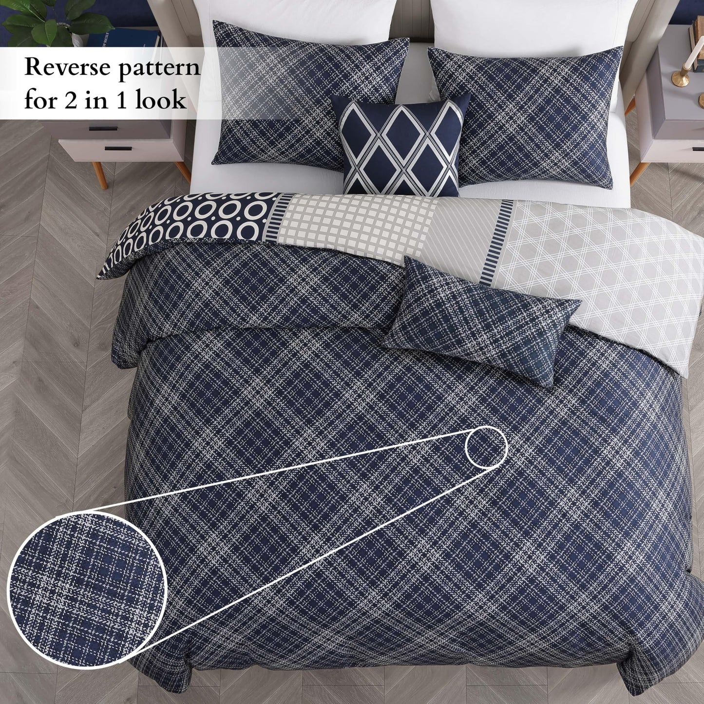 Bebejan Vertigeo 5 Piece Comforter Set, 100% Cotton Sateen, 220 Thread Count, Navy Blue, Geometric Reversible Bedding Comforter Set, 1 Comforter, 2 Shams & 2 Pillows (King/Cal King)