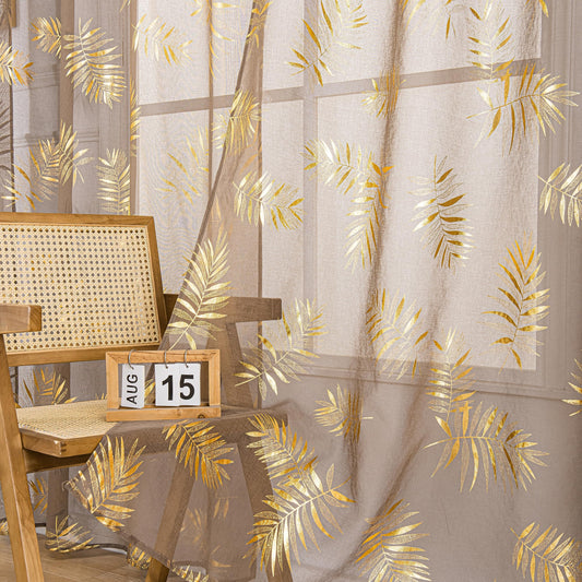 Sutuo Home Taupe Sheer Curtains 84 Inches Long 2 Panels Set, Gold Foil Print Metallic Bronzing Tropical Leaves, Privacy Voile Window Treatment Decor Drape Pair for Bedroom Living Room 52" W x 84" L